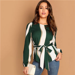 SHEIN Modern Lady Navy Self Belted Striped Scoop Neck Shirt Pullovers Top Women Streetwear Autumn Minimalist Elegant Blouse