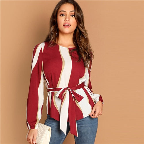 SHEIN Modern Lady Navy Self Belted Striped Scoop Neck Shirt Pullovers Top Women Streetwear Autumn Minimalist Elegant Blouse
